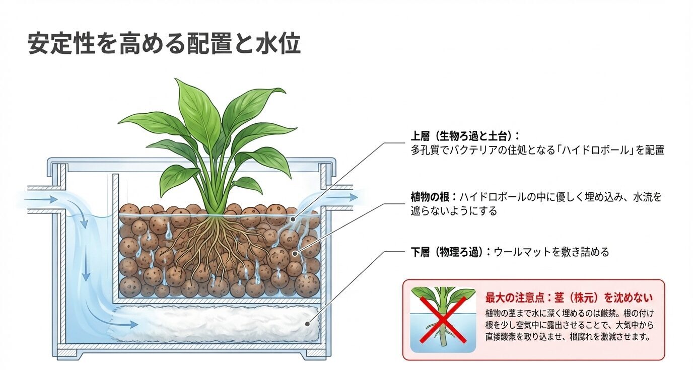 上部フィルター内にウールマットとハイドロボールを重ね、根だけを水に触れさせて茎を沈めない配置を示した断面図