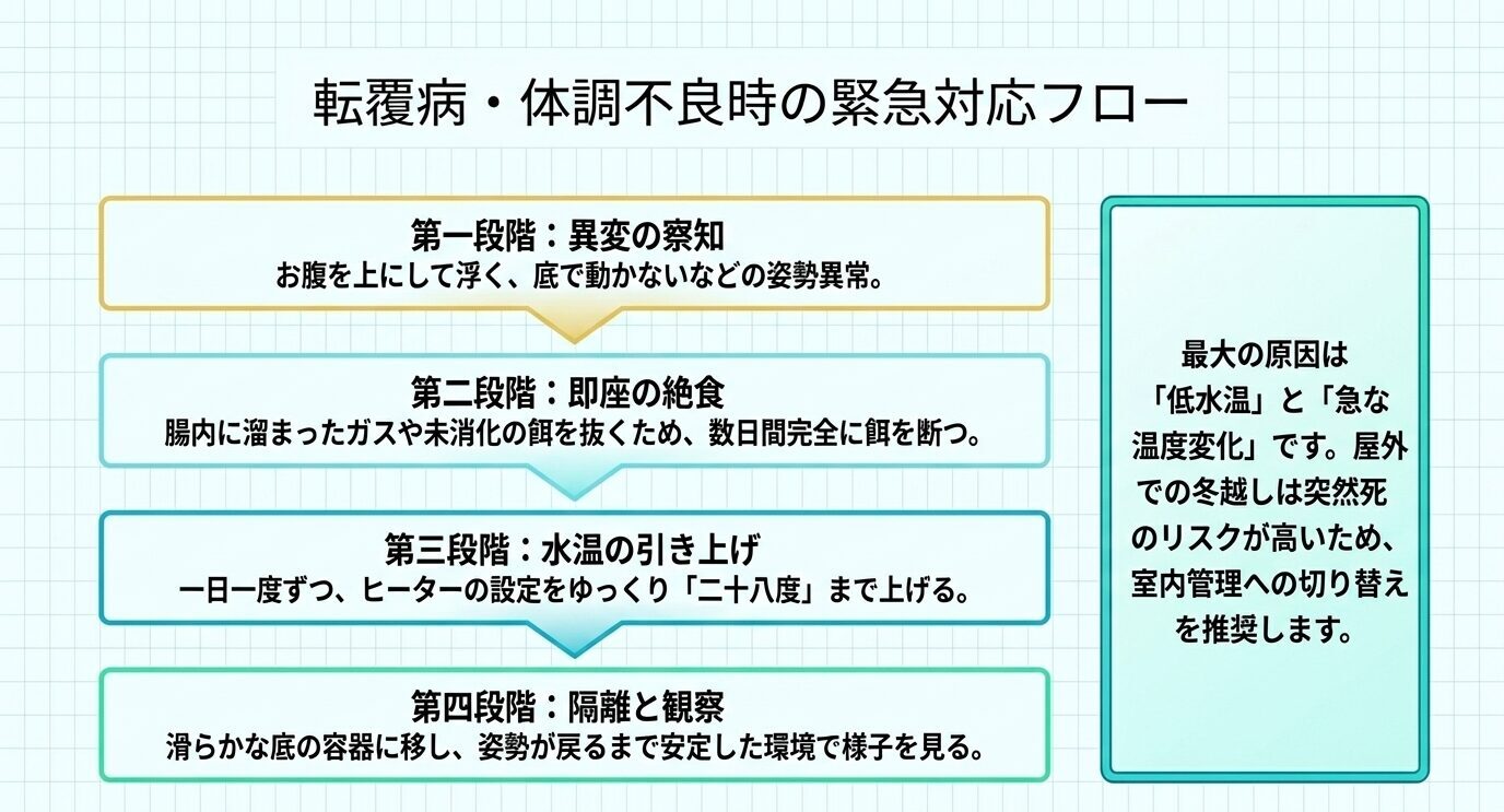 ダルマメダカの転覆病や体調不良時に、異変の察知、絶食、水温上昇、隔離観察を行う流れを示した図