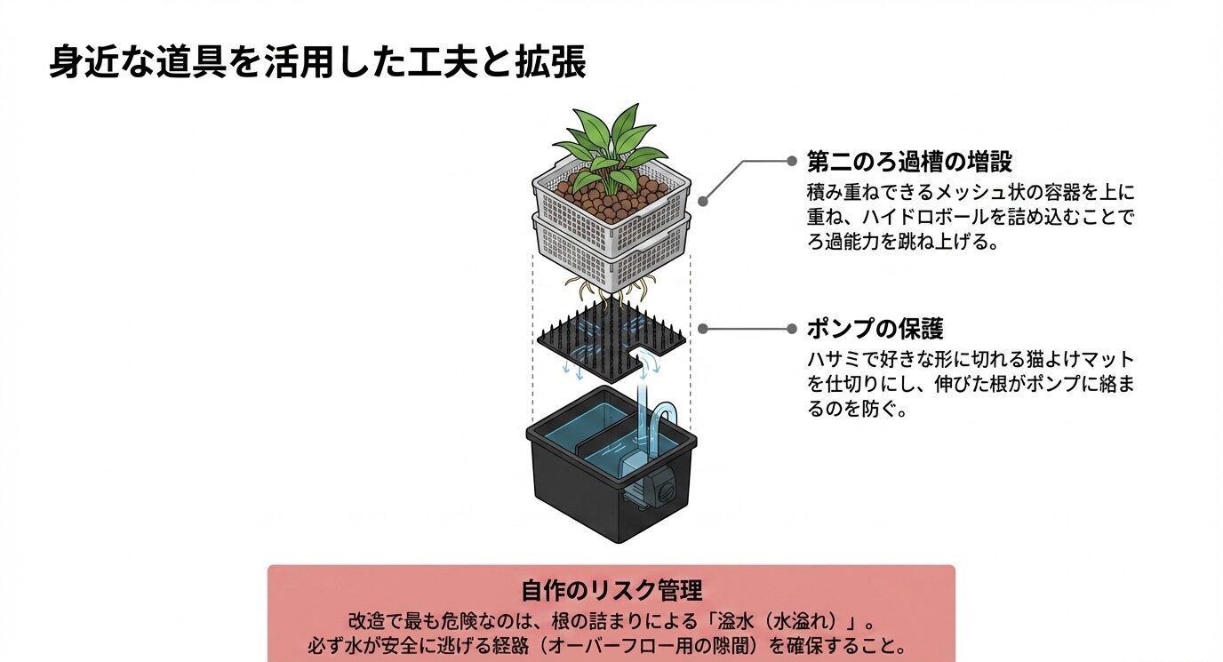 メッシュ容器で第二ろ過槽を増設し、猫よけマットでポンプを保護しながら溢水リスクにも注意する改造例の図