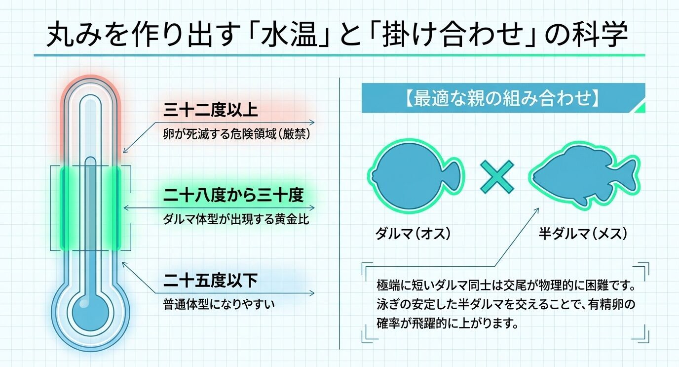 28度から30度の水温管理とダルマ、半ダルマの掛け合わせによる繁殖の考え方を示した図