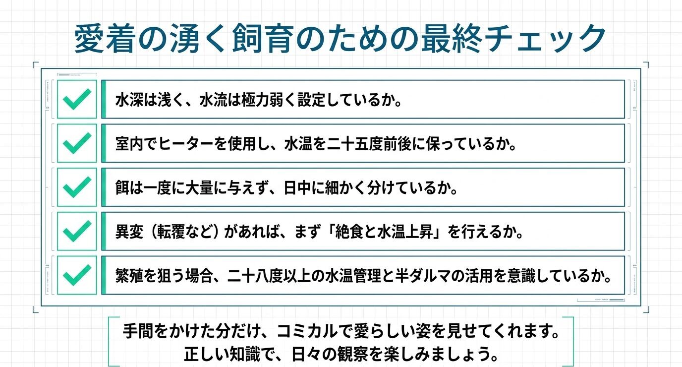 水深、水流、水温、餌、転覆時の対応、繁殖時の水温管理を確認するダルマメダカ飼育チェックリスト画像