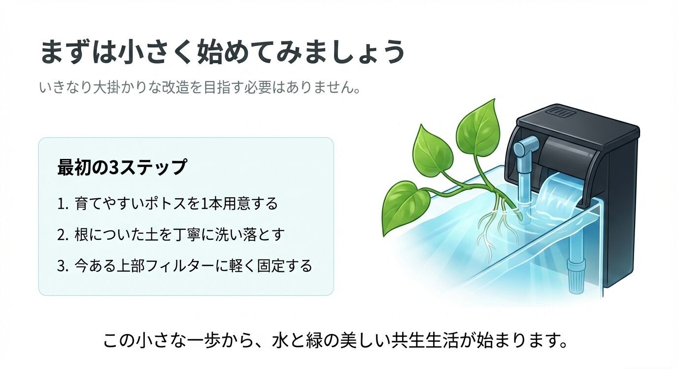 ポトス1本を用意し、根の土を洗い、既存の上部フィルターに軽く固定して始める手順を示した導入図