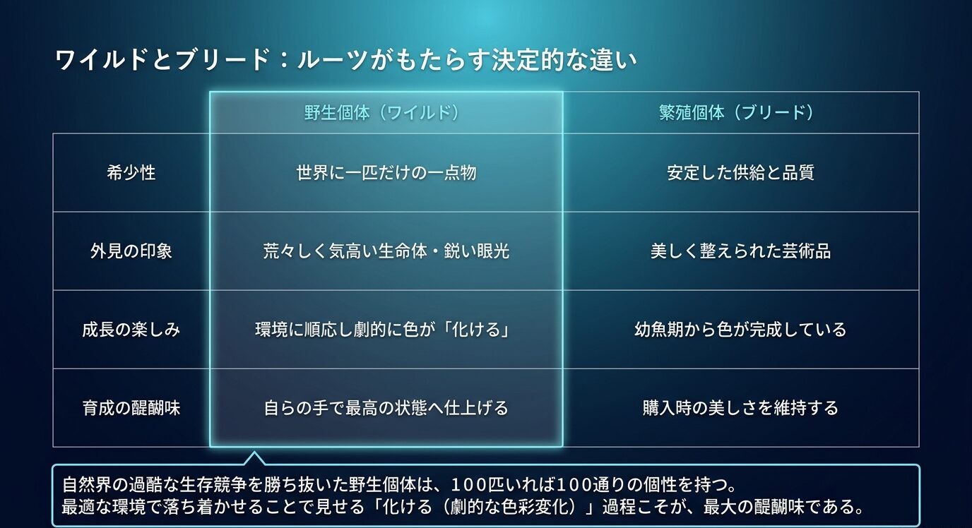 ワイルド個体とブリード個体を、希少性、外見の印象、成長の楽しみ、育成の醍醐味で比較した表。