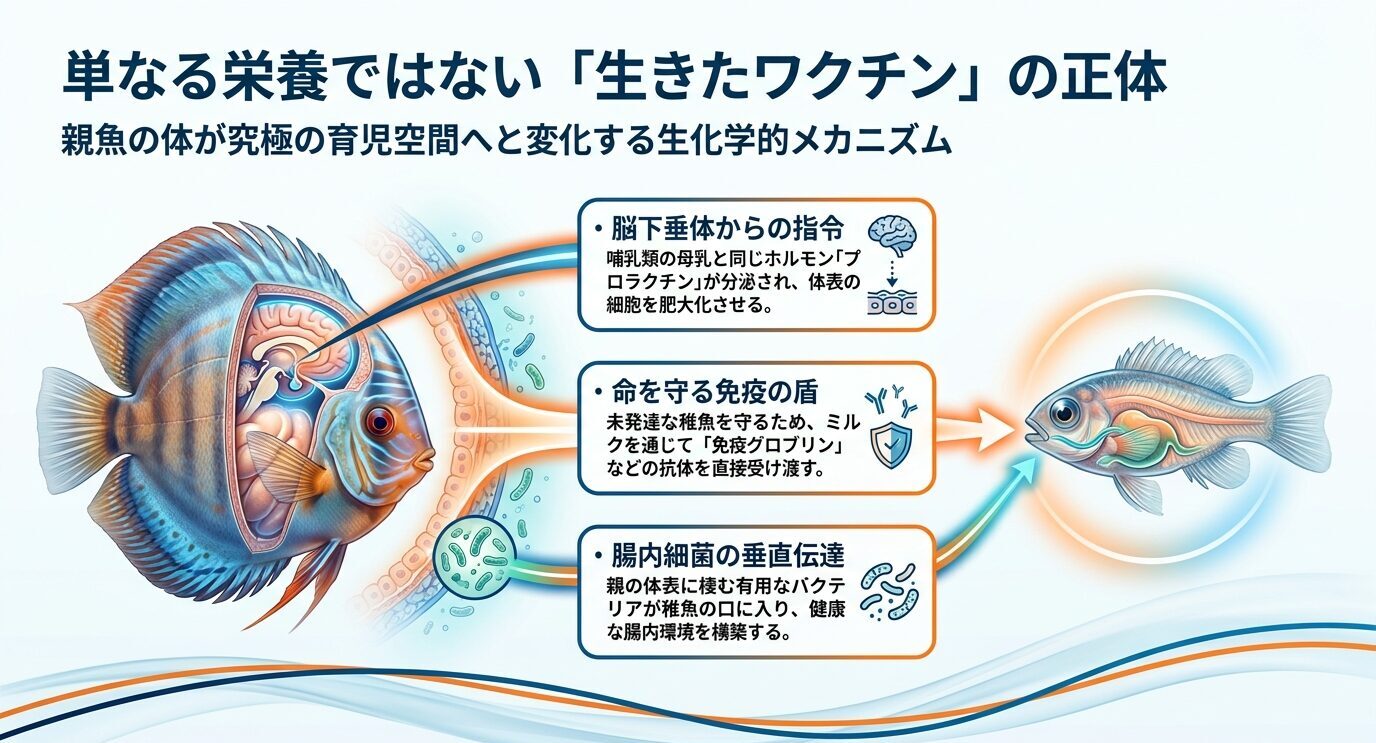親魚から稚魚へディスカスミルクが渡る仕組みを示す図で、脳下垂体からの指令、免疫の伝達、腸内細菌の垂直伝達が説明されている。