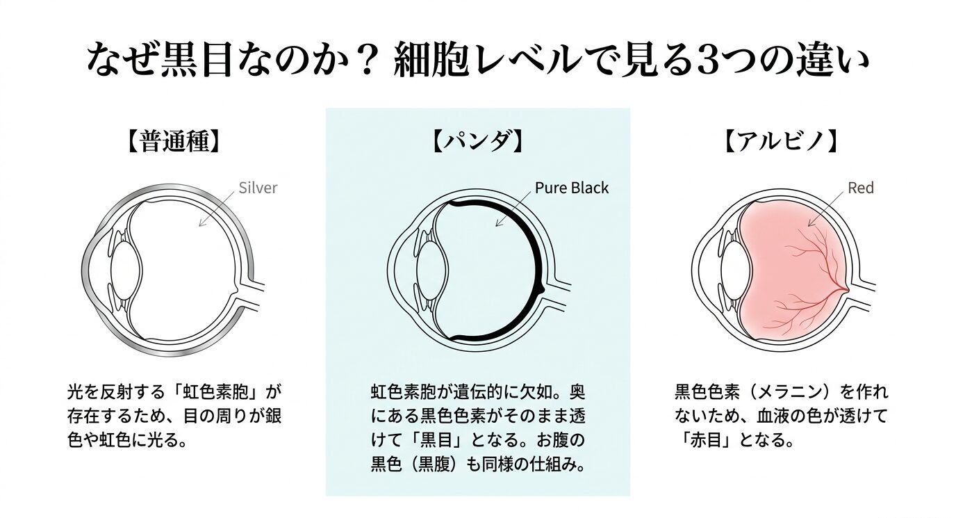 普通種・パンダ・アルビノの目の構造を並べ、普通種は銀色、パンダは黒目、アルビノは赤目になる仕組みを比較した図。