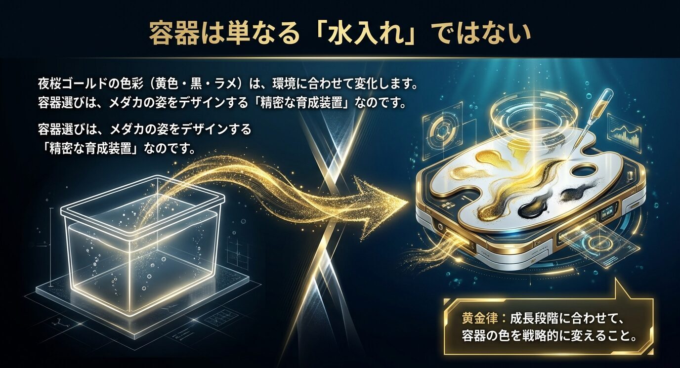 透明な容器から光が流れ、絵の具パレットのような装置へつながる図とともに、容器選びはメダカの姿をデザインする精密な育成装置だと示したスライド。