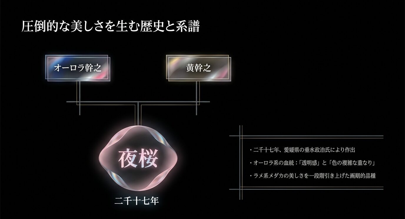 オーロラ幹之と黄幹之から夜桜が生まれた系統図と、2017年作出であることを示した解説スライド。