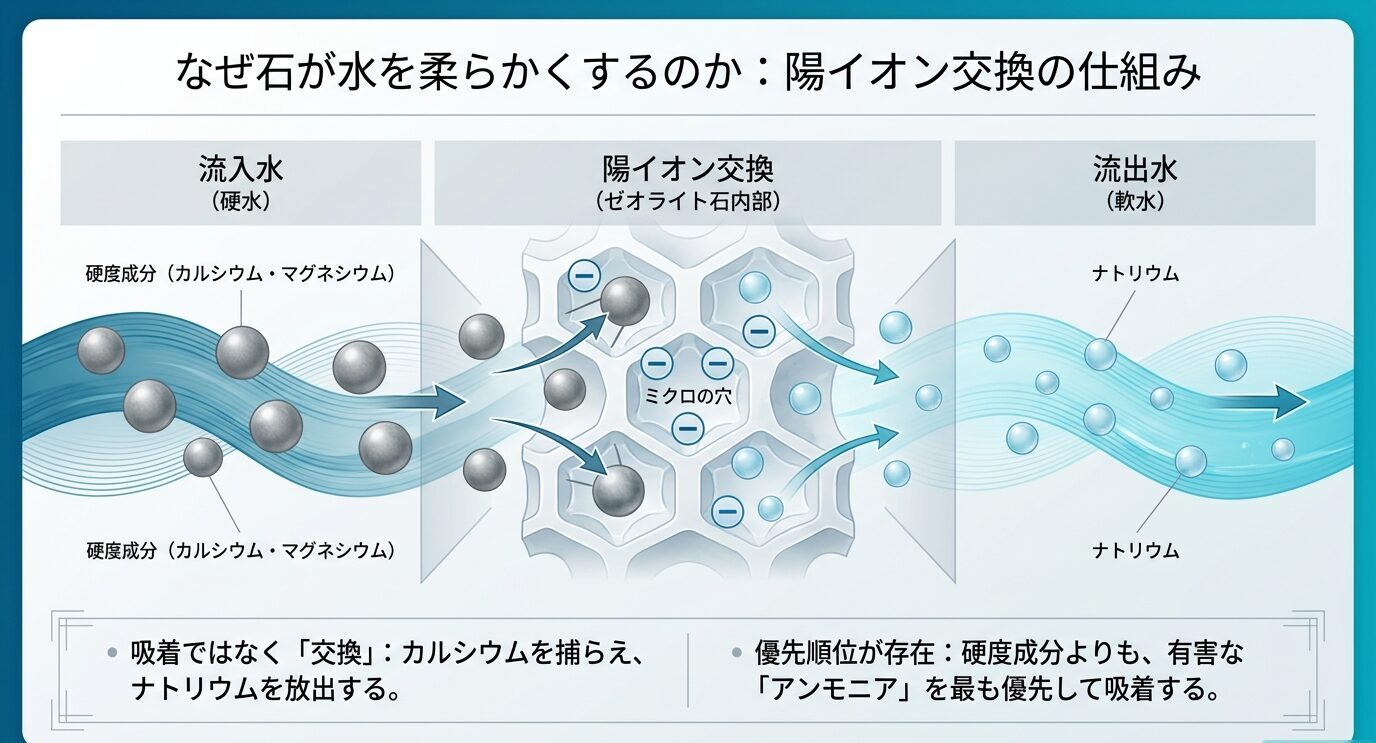 硬水中のカルシウムやマグネシウムがゼオライトに取り込まれ、ナトリウムが放出されて軟水化する流れを示した図。