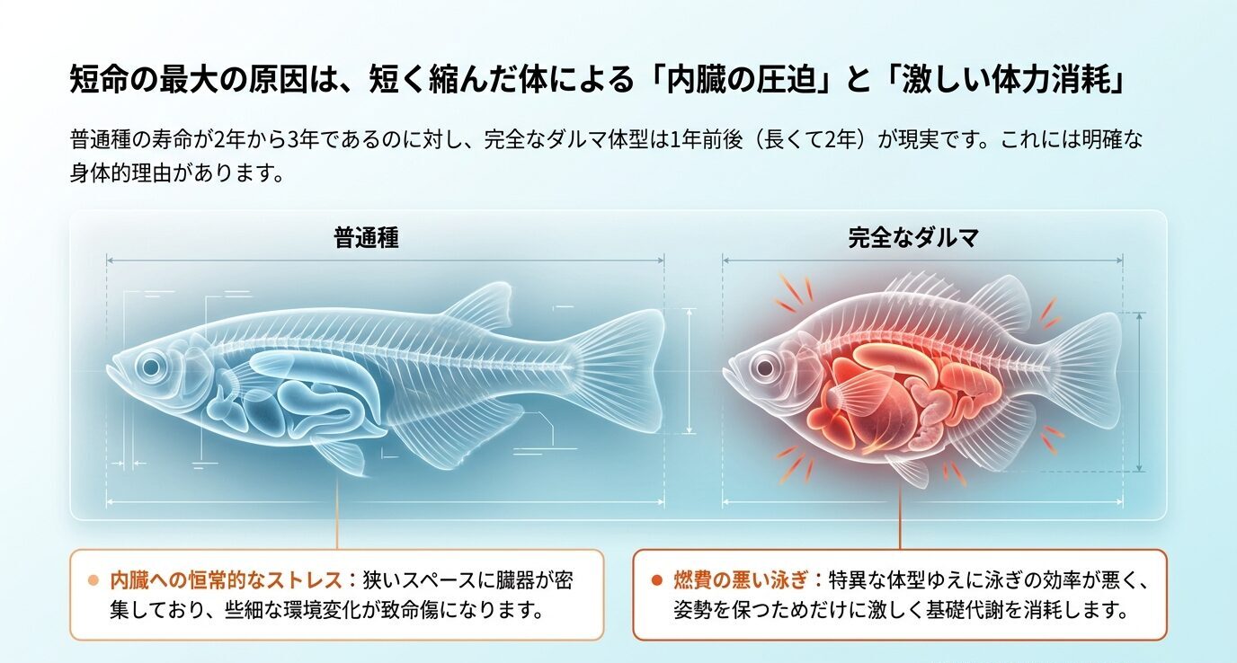 普通種と完全なダルマメダカを比較し、短く縮んだ体による内臓の圧迫と体力消耗を説明した図