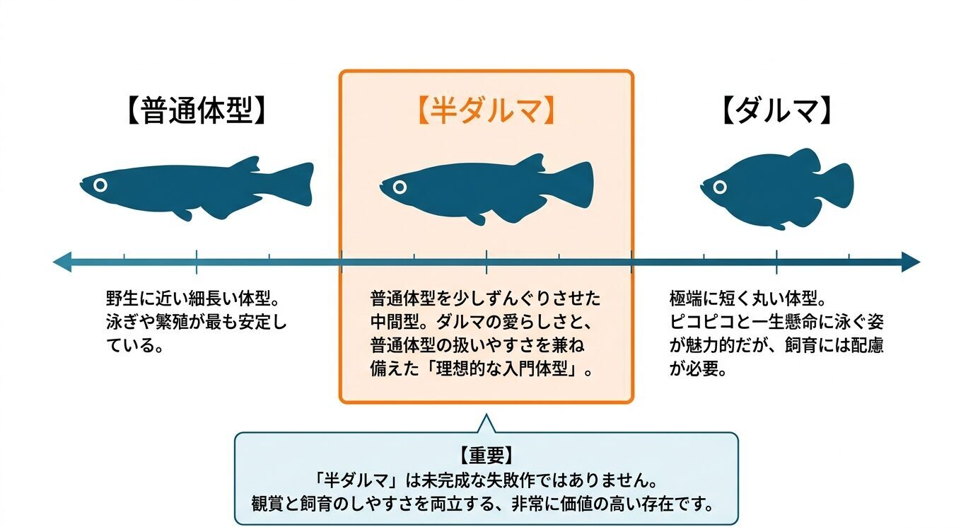 普通体型、半ダルマ、ダルマの体型を横並びで比較し、半ダルマは普通体型とダルマの中間であることを示した図
