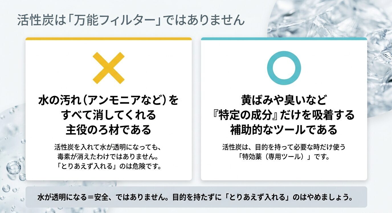 活性炭はアンモニアなどすべての水の汚れを消す主役ではなく、黄ばみや臭いなど特定成分を吸着する補助的な道具であることを示した比較スライド