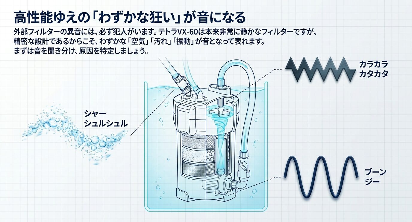 VX-60本体の模式図とともに、シャー音、カラカラ音、ブーン音がどのような状態で起きるかを示した概念図。