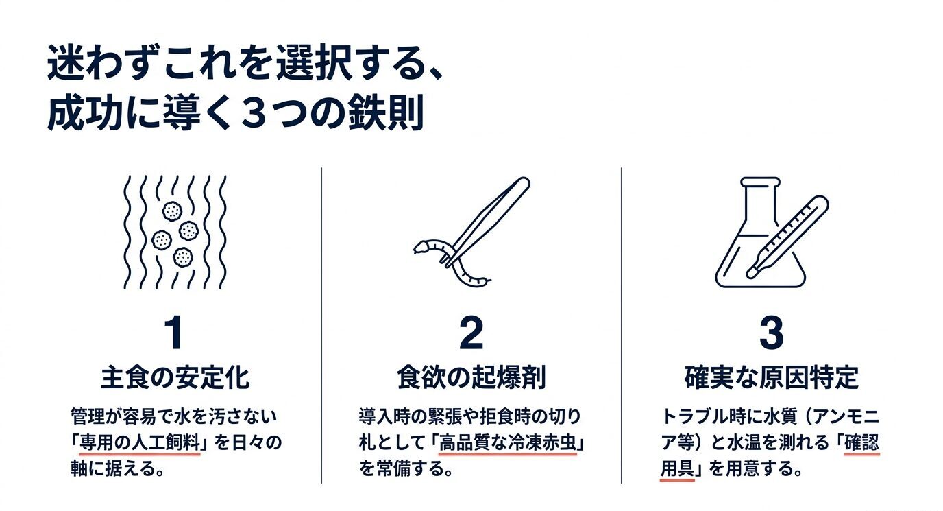 主食の人工飼料、高品質な冷凍赤虫、原因特定の確認用具の3つを優先して揃えるべきと示した図