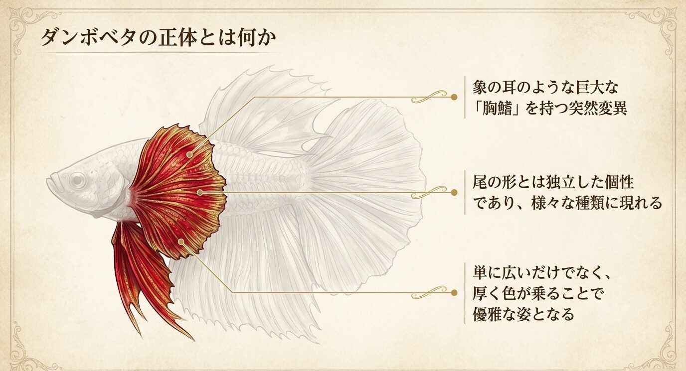 ダンボベタの大きな胸鰭を強調し、胸鰭の巨大化が特徴であり尾びれの形とは独立した形質であることを示す解説図