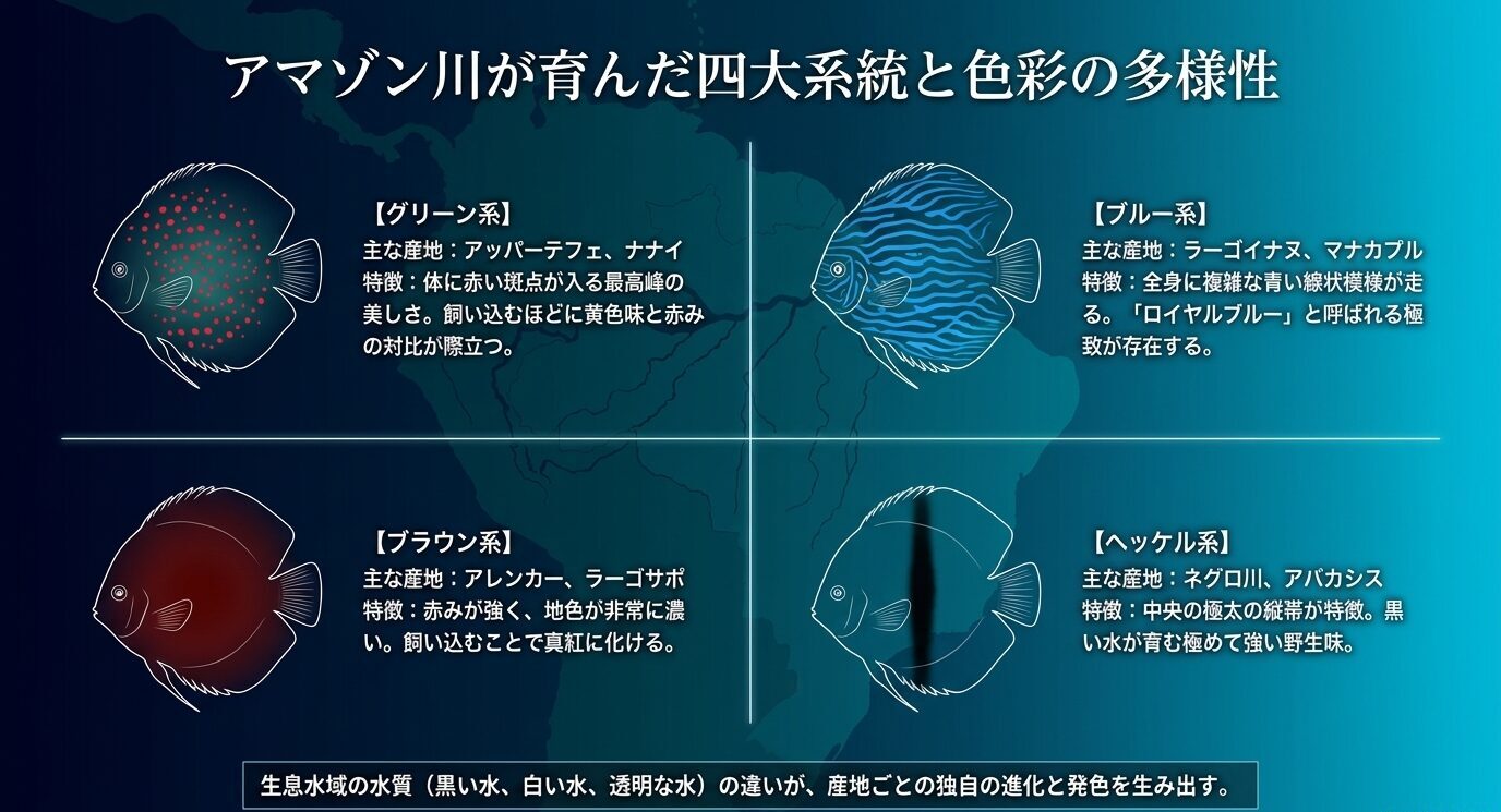 グリーン系、ブルー系、ブラウン系、ヘッケル系の4系統について、主な産地と色彩・模様の特徴をまとめた図。