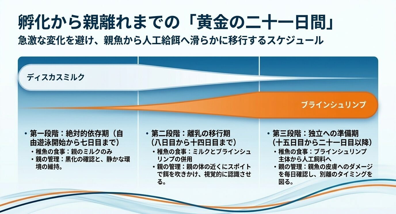 自由遊泳開始後の1〜7日、8〜14日、15日以降で、ディスカスミルクからブラインシュリンプへ移行する育成スケジュールを示した図。