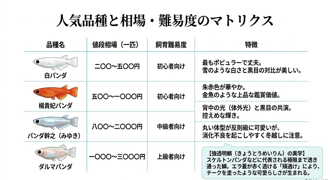 白パンダ、楊貴妃パンダ、パンダ幹之、ダルマパンダの価格相場、飼育難易度、特徴を一覧で比較した表。