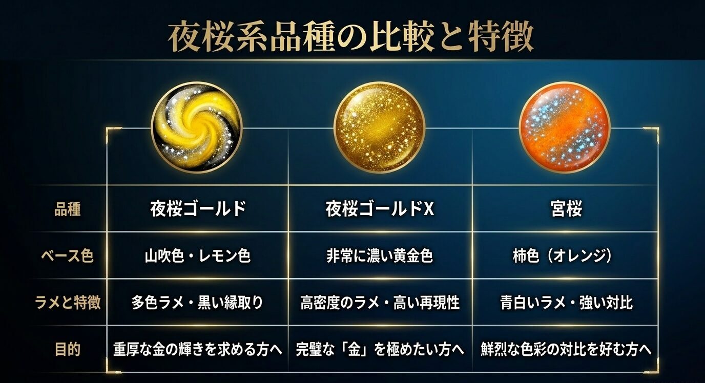 夜桜ゴールド、夜桜ゴールドX、宮桜について、ベース色、ラメの特徴、向いている好みを一覧比較した表形式のスライド。