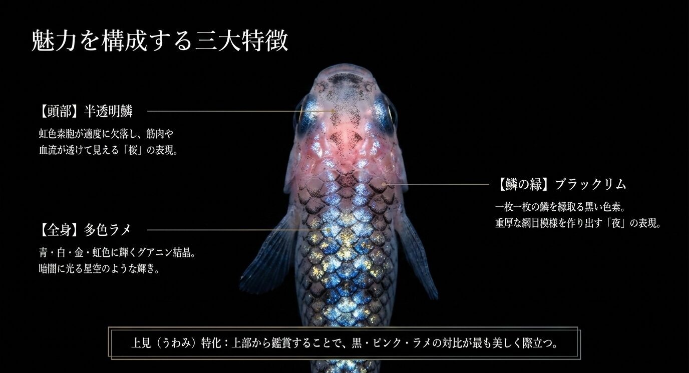 上見の夜桜メダカに注釈線を付け、頭部の半透明鱗、全身の多色ラメ、鱗の縁のブラックリムを示した解説画像。