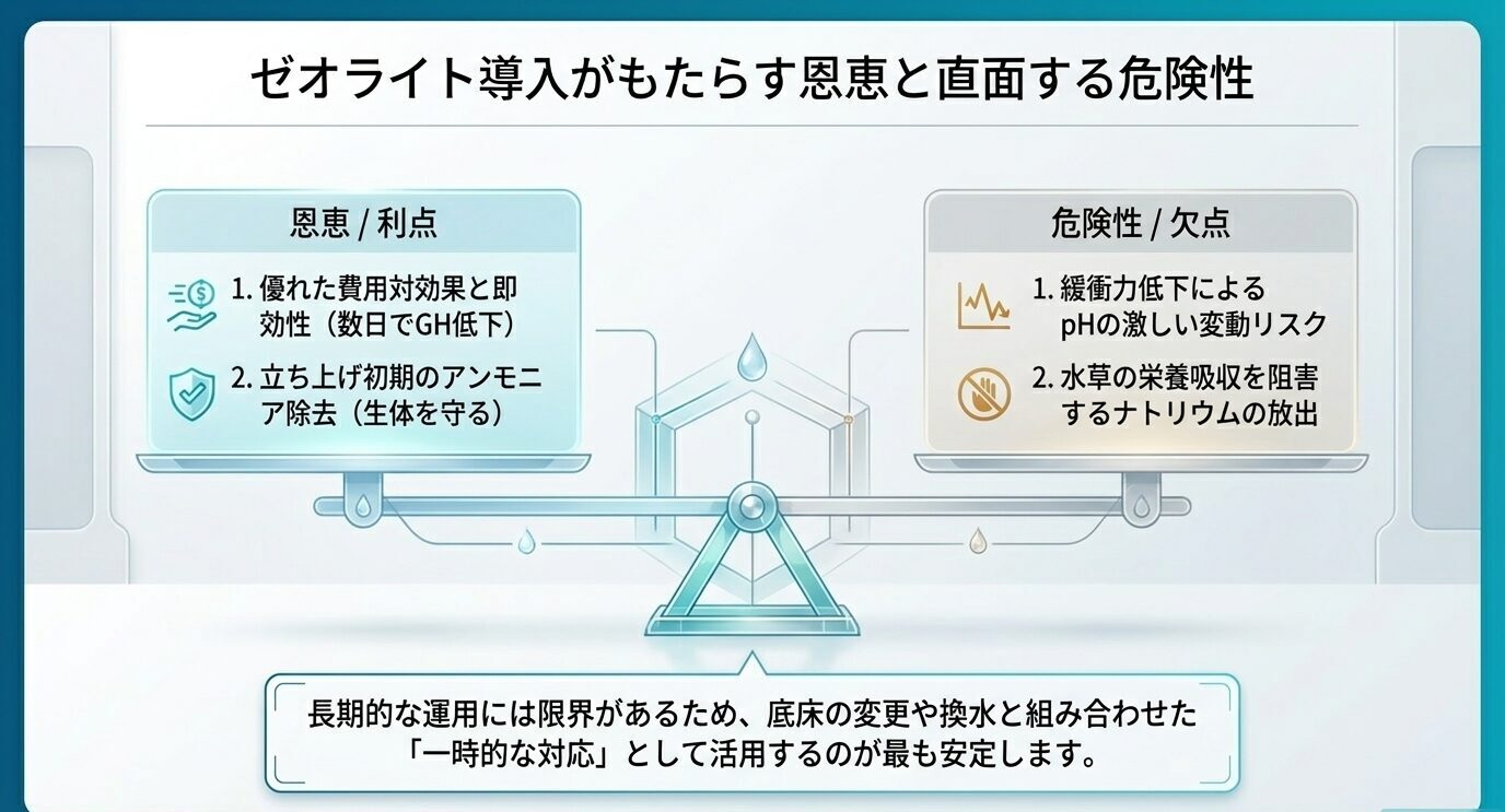 ゼオライト導入による費用対効果やアンモニア除去の利点と、pH変動やナトリウム放出の危険性を比較した図。