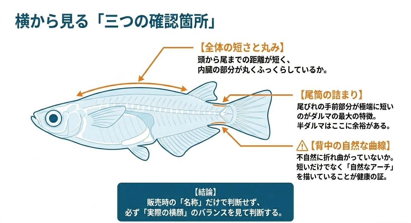 メダカを横から見た図に、全体の短さと丸み、尾筒の詰まり、背中の自然な曲線という確認ポイントが示されている。