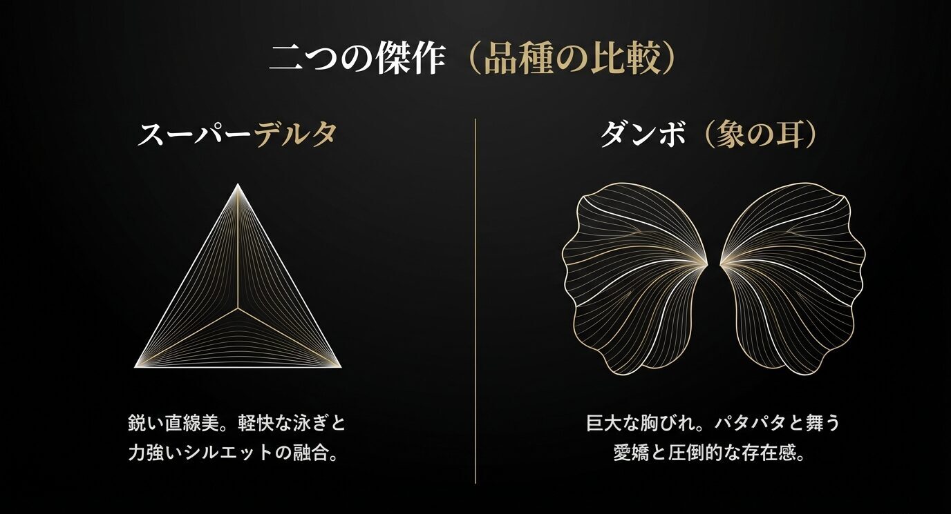 スーパーデルタの鋭い三角形シルエットと、ダンボの大きく広がる胸びれを左右に並べて比較した図