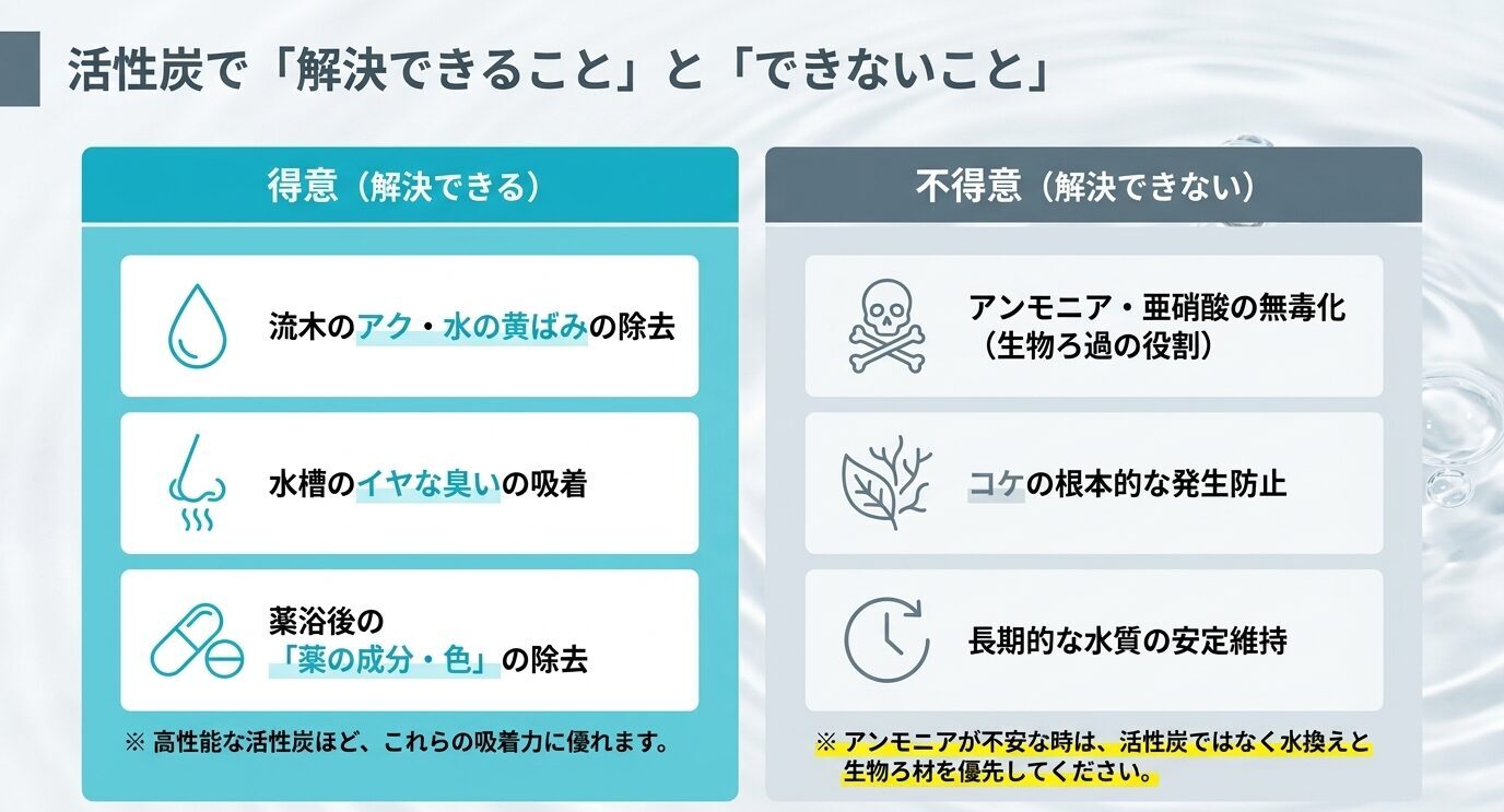 活性炭が得意な流木のアク、水の黄ばみ、臭い、薬浴後の薬剤除去と、不得意なアンモニア・亜硝酸の無毒化、コケ防止、長期的な水質維持を比較した表