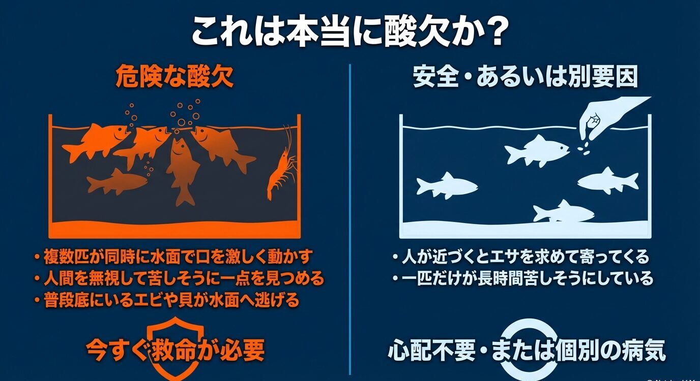 危険な酸欠と安全・別要因を左右比較した図。複数匹の鼻上げやエビの浮上は危険、人に寄ってくる行動や1匹だけの不調は別要因の可能性を示している