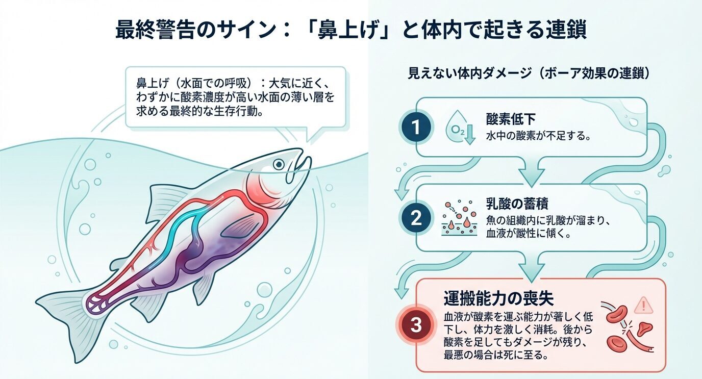 水面で呼吸する魚のイラストと、酸素低下から乳酸蓄積、酸素運搬能力低下へ進む流れを示した図