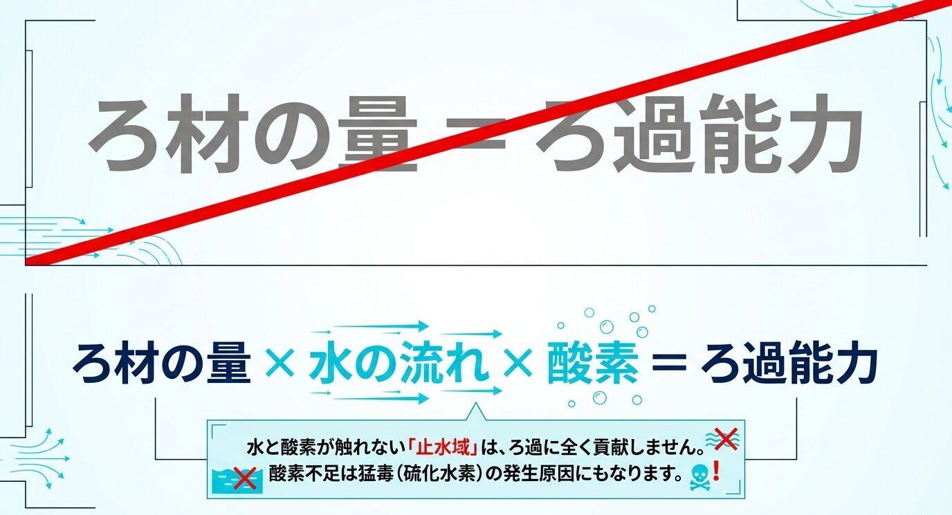 ろ材の量だけではなく、水の流れと酸素がそろって初めてろ過能力が成り立つことを示した図。止水域と酸素不足の危険性も強調している。