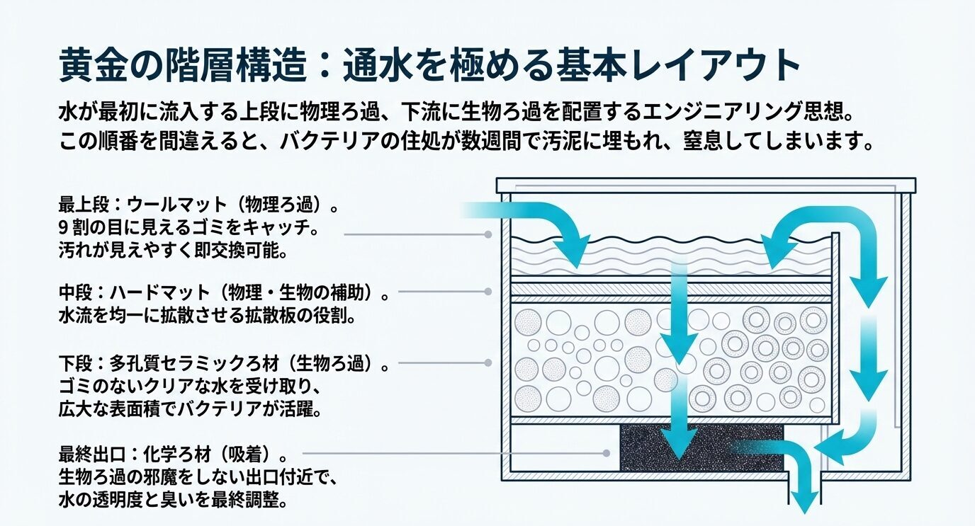 ウールマット、ハードマット、多孔質セラミックろ材、化学ろ材の配置順と水の流れを示した上部フィルター断面図