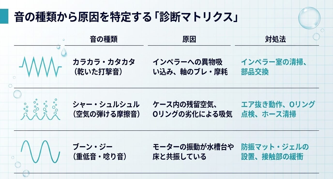 カラカラ音、シャー音、ブーン音ごとに、原因と対処法を対応付けてまとめた診断表。