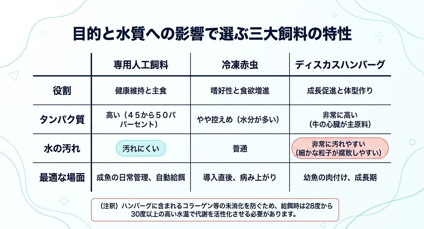 専用人工飼料、冷凍赤虫、ディスカスハンバーグの役割、タンパク質量、水の汚れやすさ、適した場面を比較した表