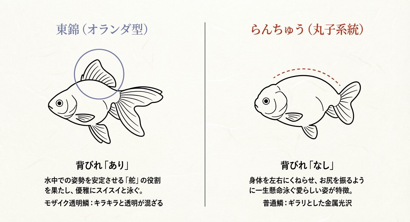 左に背びれのある東錦、右に背びれのないらんちゅうを並べ、体型と泳ぎ方の違いを比較した図 この見出しの内容とスライドのテーマが完全に一致しています。