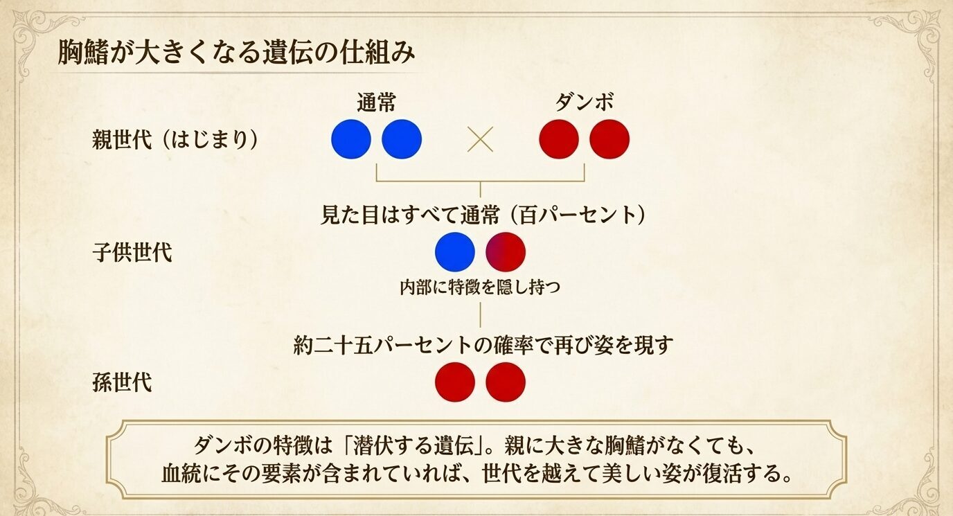 通常個体とダンボ個体の交配で、F1は通常に見え、F2で約25%がダンボとして現れるという潜性遺伝の流れを示した図