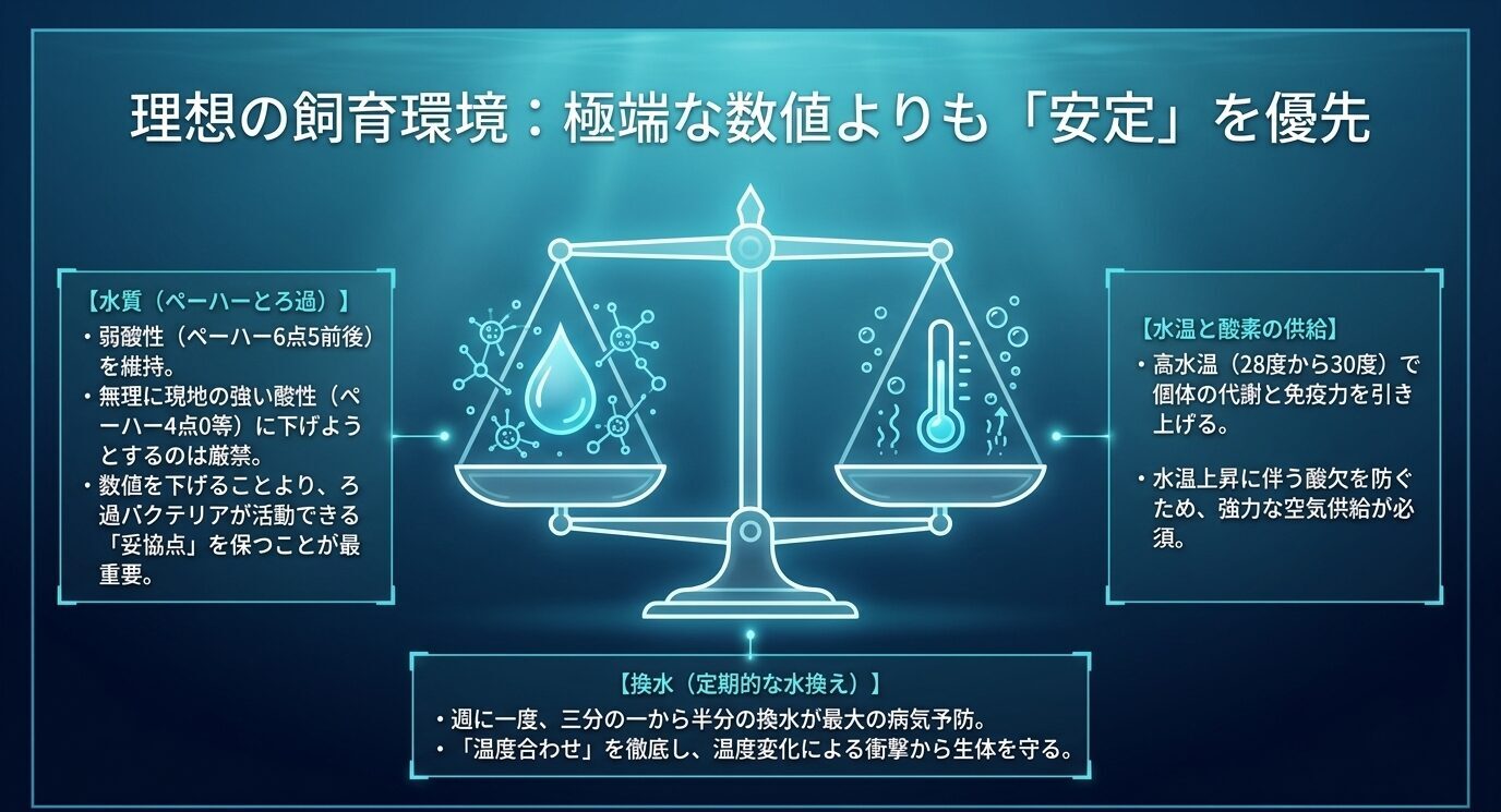 pHとろ過の安定、高水温と酸素供給、定期的な換水の3要素を天秤の図で示した飼育環境のまとめ。