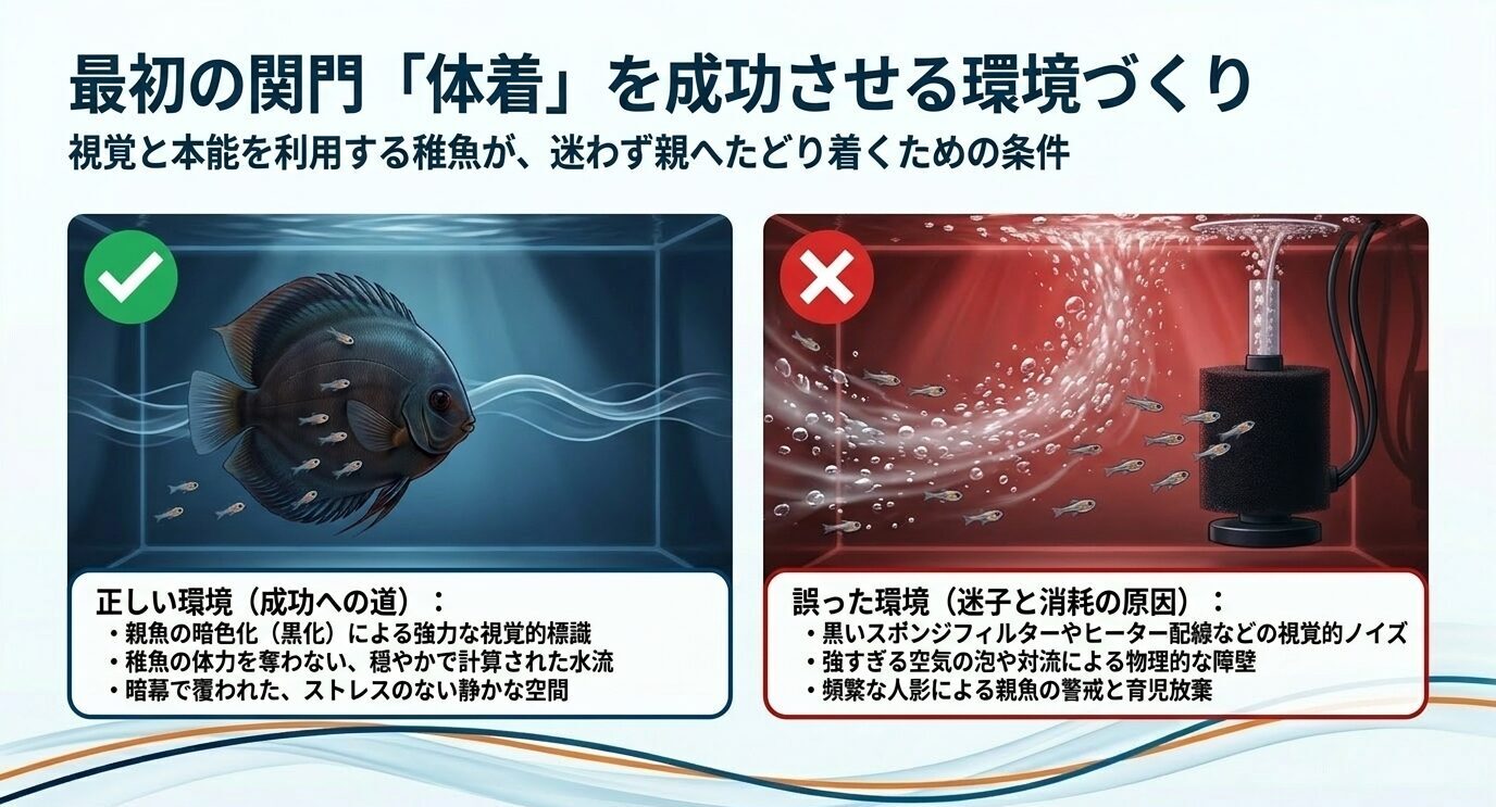 左に静かな低水流の水槽で親魚に寄る稚魚、右に強い水流と黒い器具のある水槽で迷う稚魚を対比した、体着成功条件の比較図。