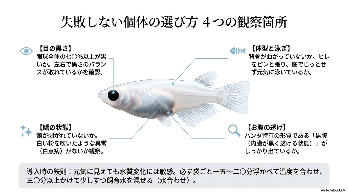 パンダメダカのイラストに、目の黒さ、体型と泳ぎ、鱗の状態、お腹の透けの4つの確認ポイントを書き込んだ選び方ガイド。