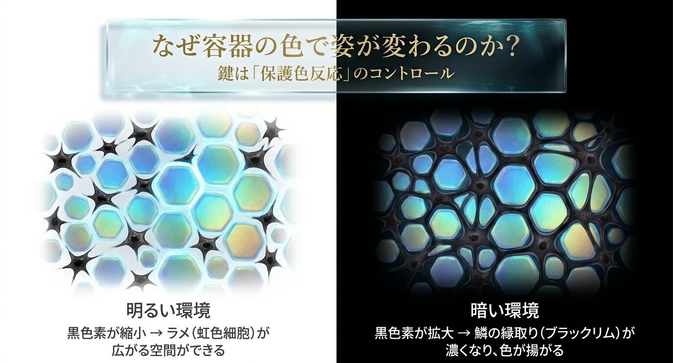 明るい環境では黒色素が縮小してラメが広がりやすくなり、暗い環境では黒色素が拡大してブラックリムと色揚がりが進むことを左右比較で示した図。