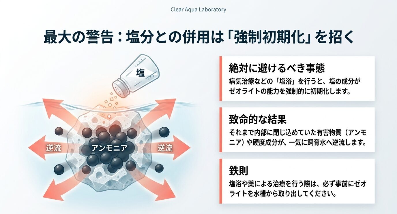 塩分によってゼオライト内部のアンモニアや硬度成分が逆流し、水槽内へ再放出される危険性を示した警告図。
