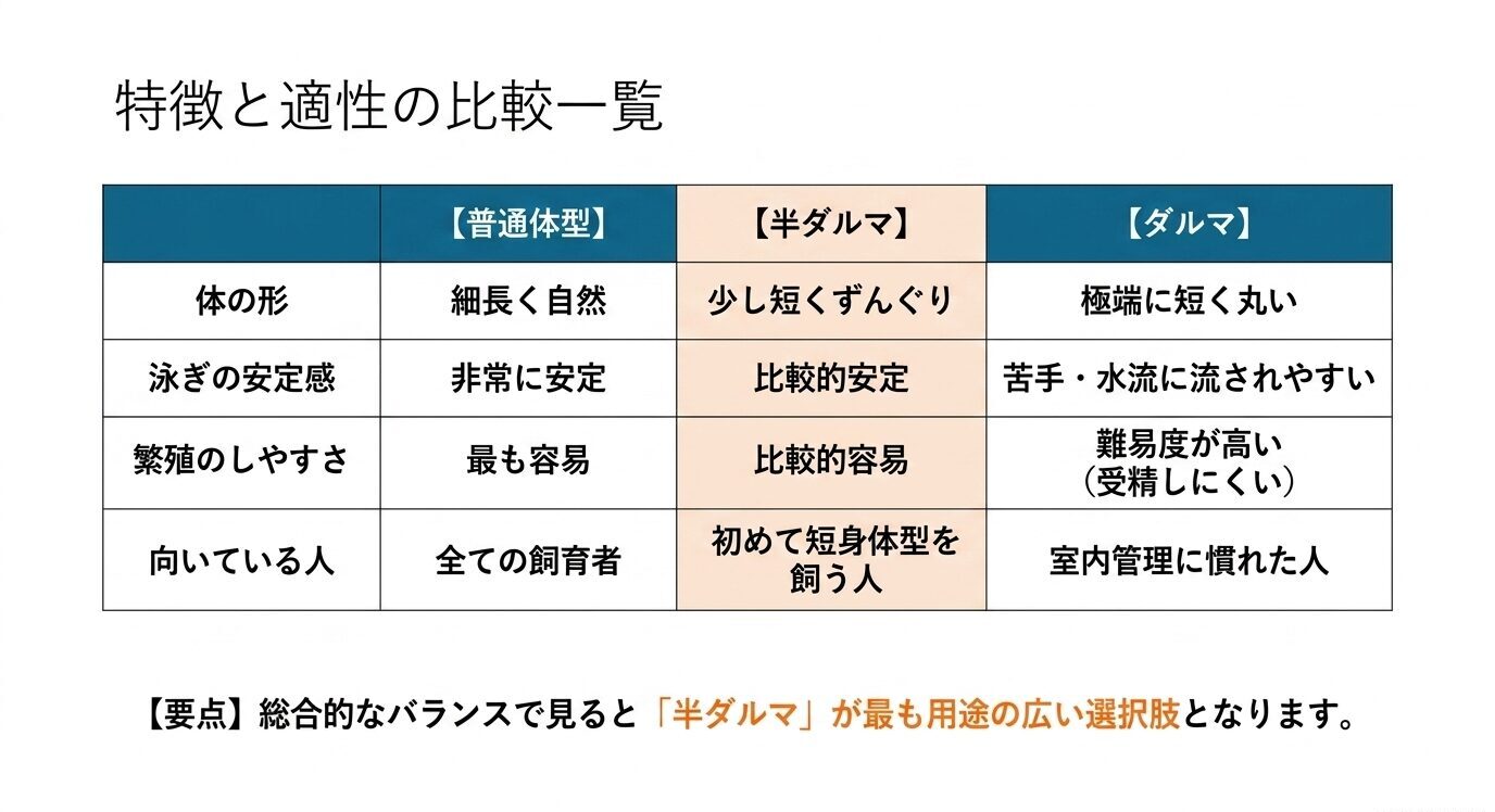 普通体型、半ダルマ、ダルマを体の形、泳ぎの安定感、繁殖のしやすさ、向いている人で比較した一覧表