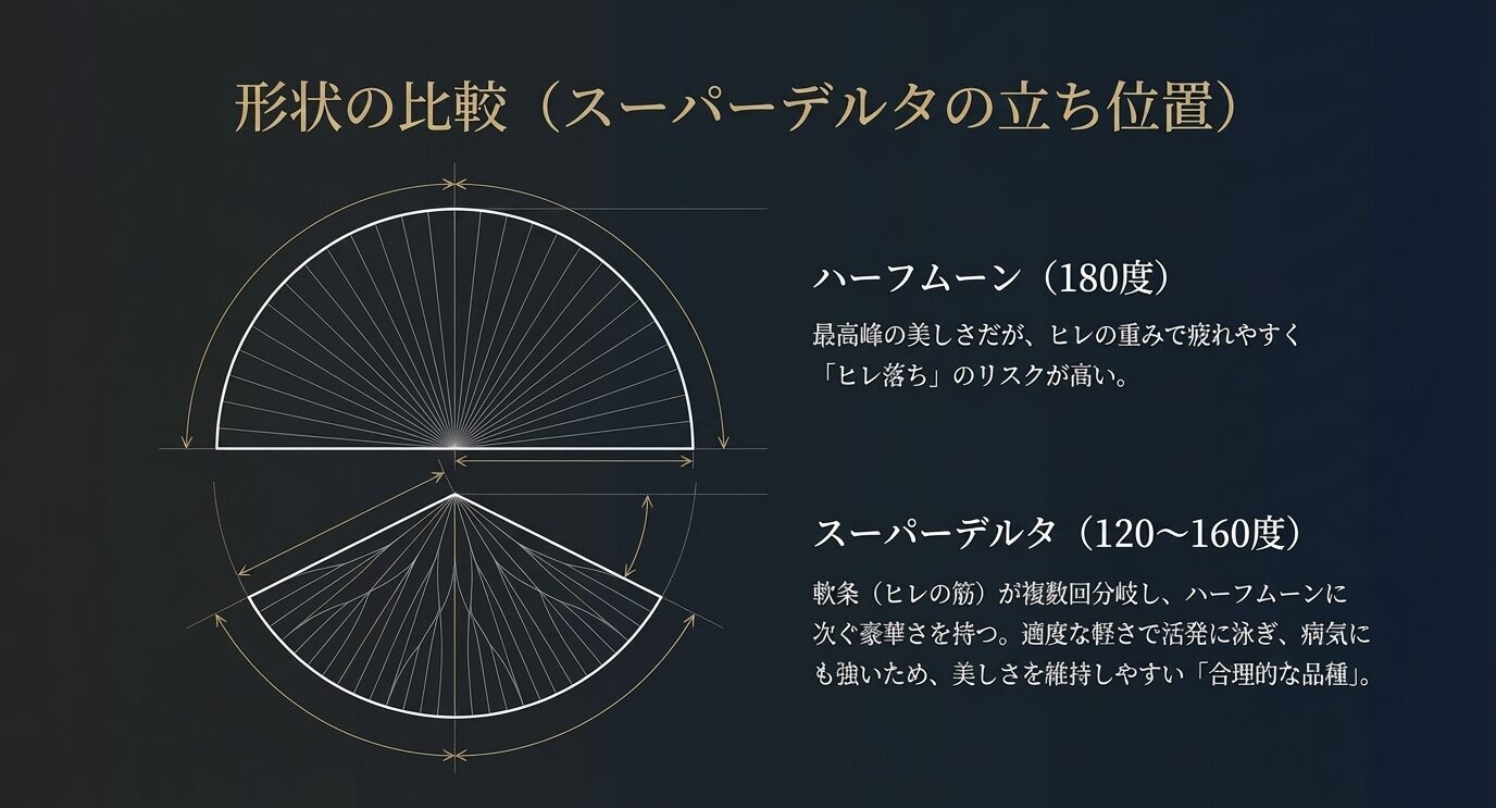 180度のハーフムーンと120〜160度のスーパーデルタを円弧で比較した図