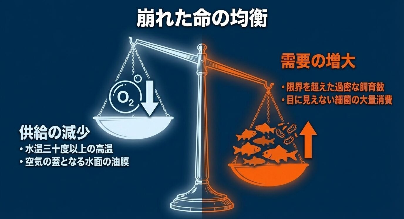 酸素供給の減少と需要の増大を天秤で示した図。高水温や油膜で供給が減り、過密飼育や細菌の大量消費で需要が増えることを表している