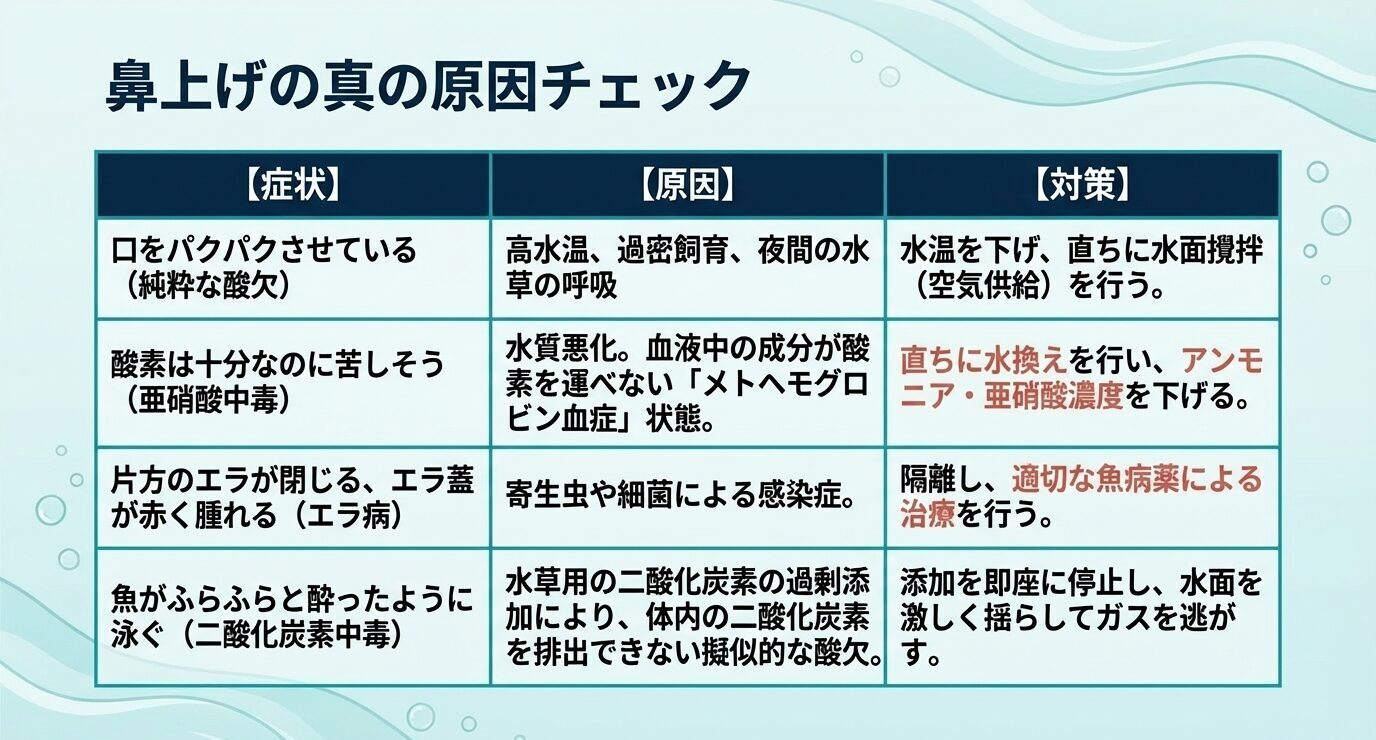 鼻上げに似た症状ごとに、原因と対策を表形式でまとめた図