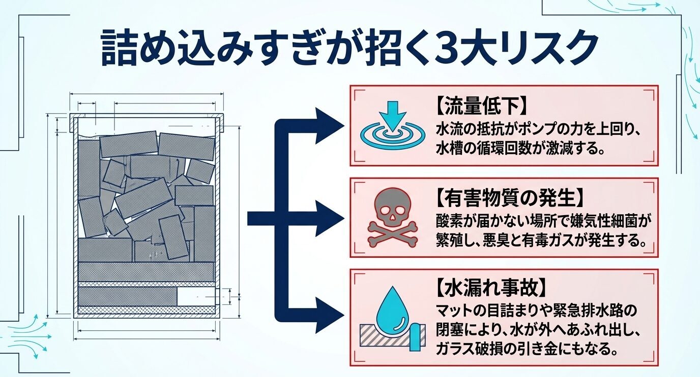 ろ材を詰め込みすぎた上部フィルターの断面図と、それによって起こる流量低下、有害物質の発生、水漏れ事故の3つのリスクを示した図。