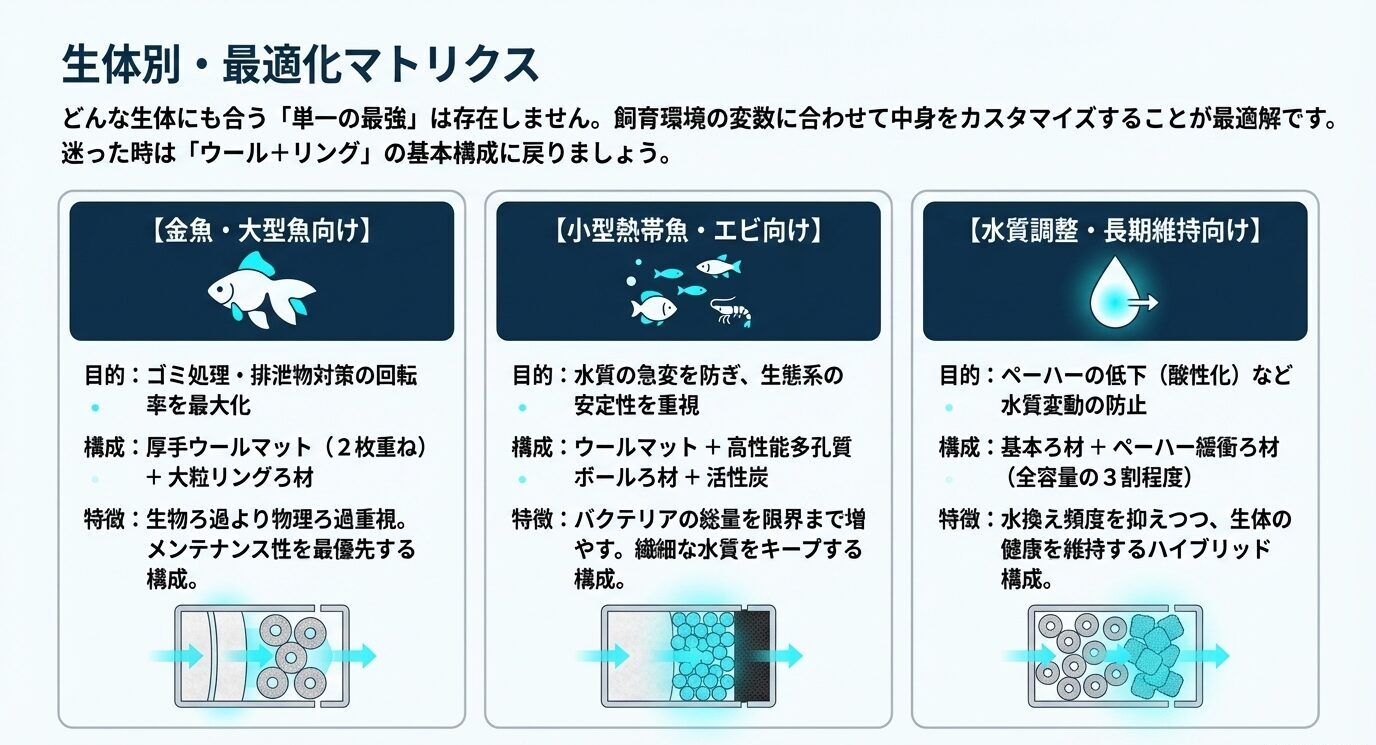 金魚・大型魚、小型熱帯魚・エビ、水質調整重視の3タイプ別におすすめろ材構成を比較したマトリクス図