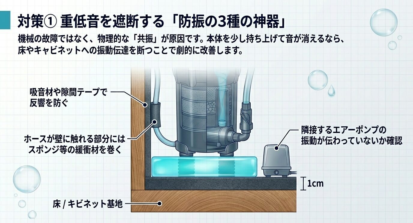 VX-60本体の下に防振材を敷き、ホース接触部に緩衝材を巻き、周辺機器の振動伝達も確認する設置例を示した図。