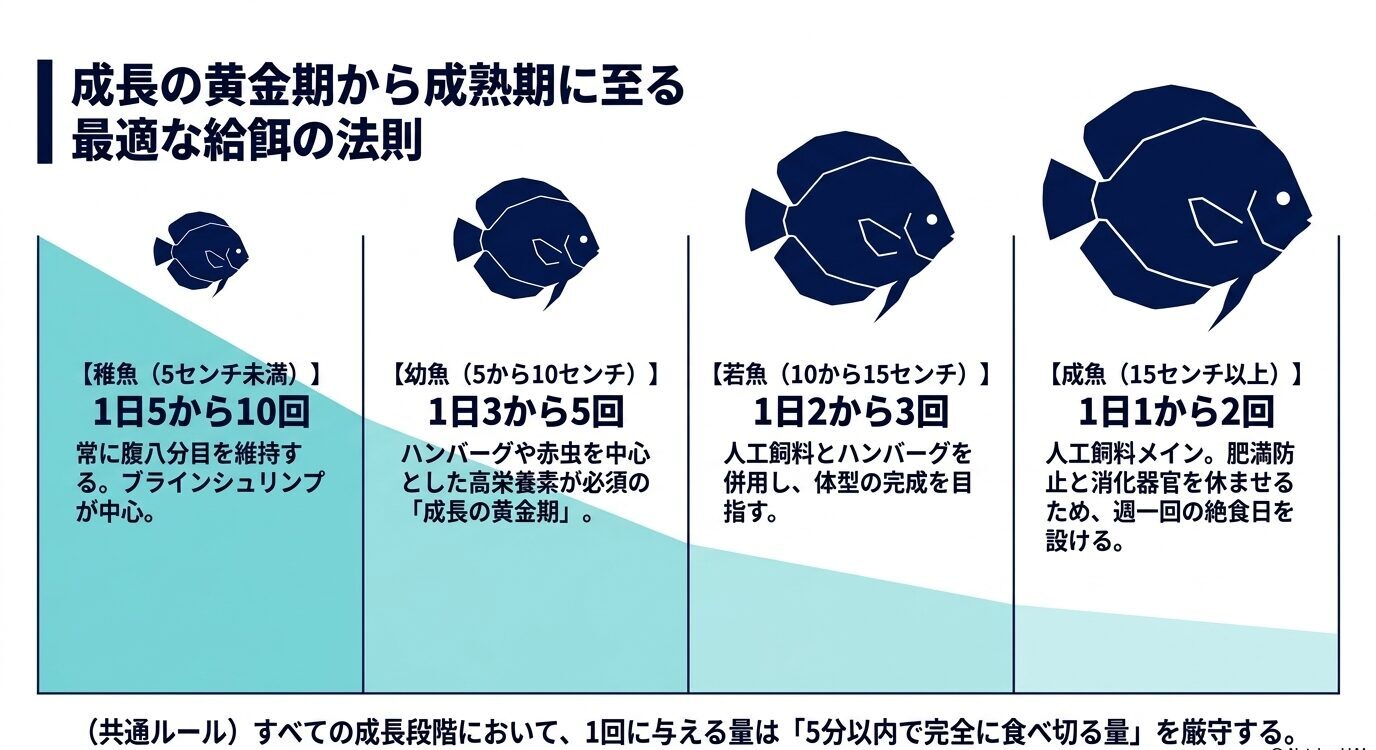 稚魚から成魚までの各成長段階ごとに、1日の給餌回数と主な餌の方向性をまとめた図
