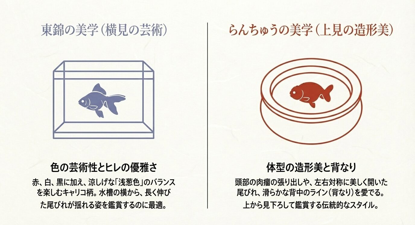 水槽の横見で映える東錦と、タライの上見で美しさが際立つらんちゅうの鑑賞スタイルを対比した図