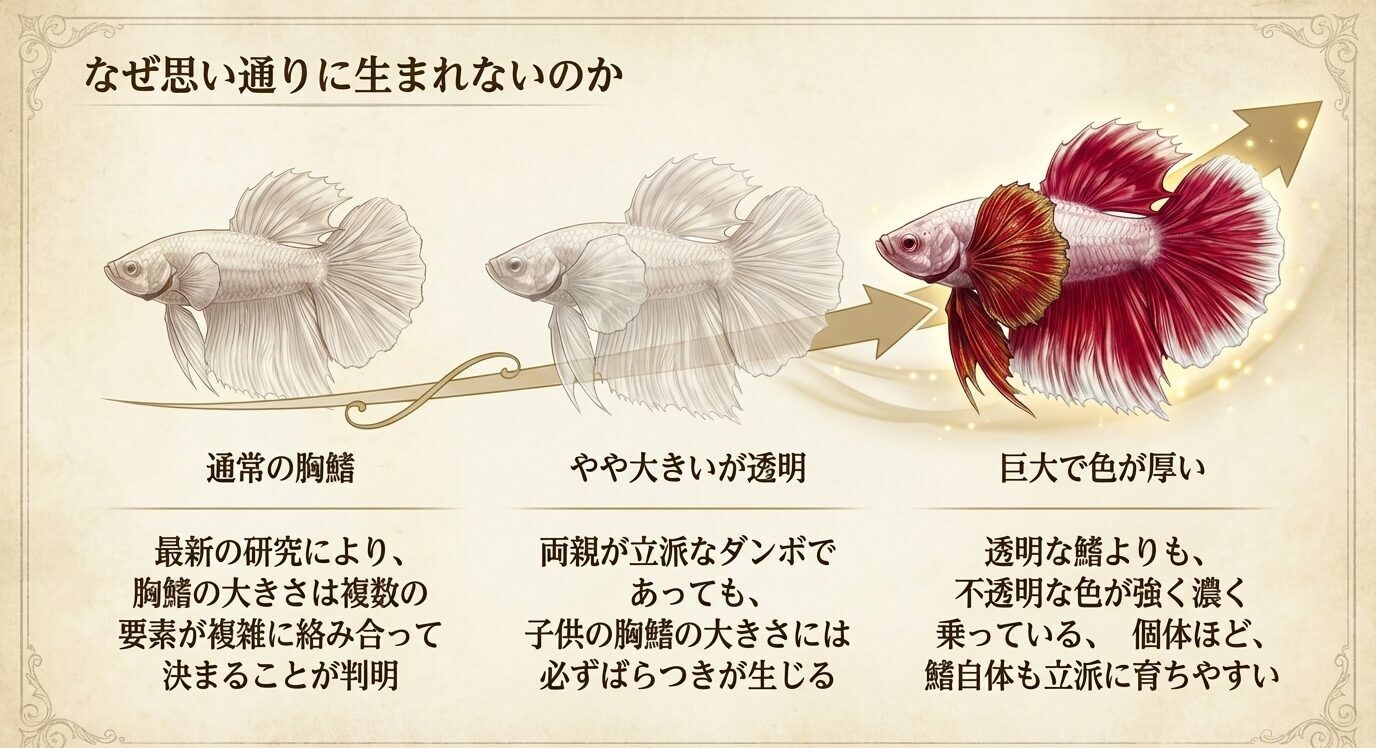 通常の胸鰭、やや大きい透明な胸鰭、巨大で色の厚い胸鰭を並べ、ダンボ形質が複数要素で決まり個体差が出ることを示した図